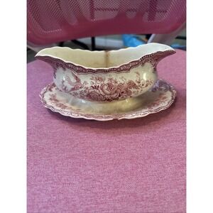 Vintage Crown Ducal Bristol Pink Gravy Boat England Boat Attached to Base Read